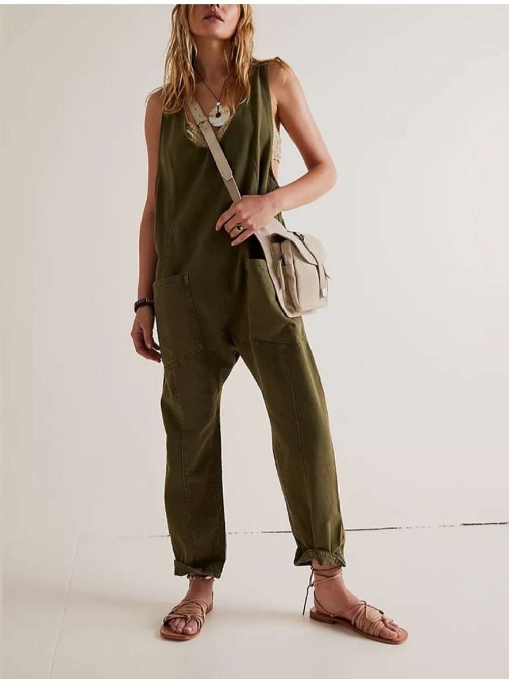 Free People High Roller Jumpsuit- Military Green- Size Small